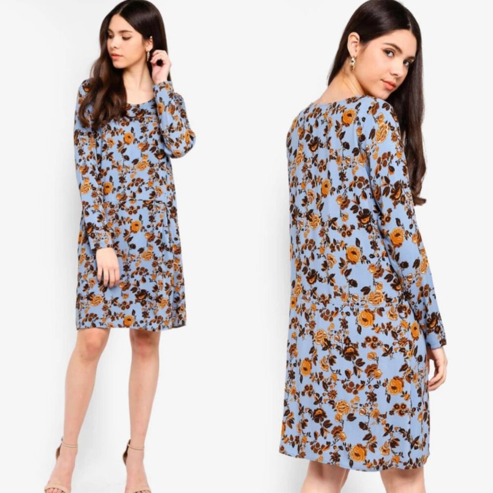 ICHI Duravo Blue Floral Longlseeve Mini Dress Womens XS Boho Euro Style Chic